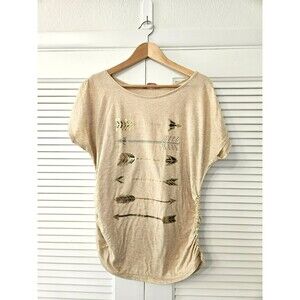 SJS Womens T-Shirt Tan Gold Arrows Studded Metallic Boho XL Ruched Side Hem